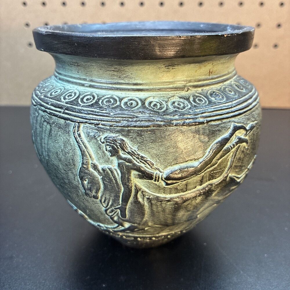 Aqua Black Greek Yak Wrestling Hunting Raised Relief Ceramic Vase